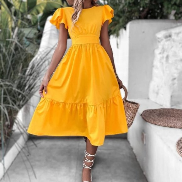 Butterfly Sleeve Ruffle Hem Dress YELLOW - Picture 4 of 6